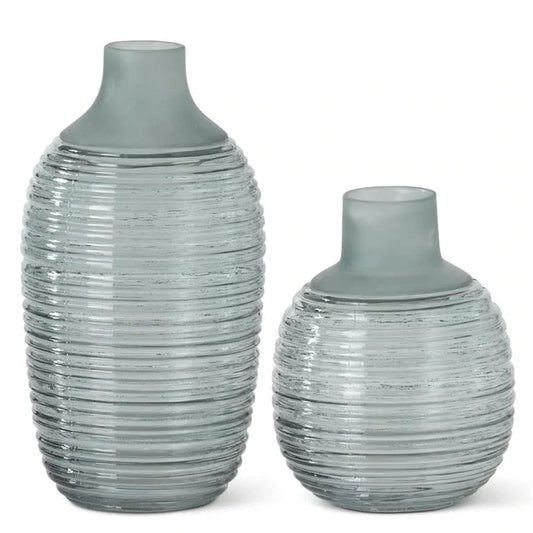 Frosted Sage Green Ribbed Bottle Neck Vase