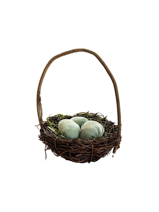 Spring Nest Basket with Handle and Velvet Eggs