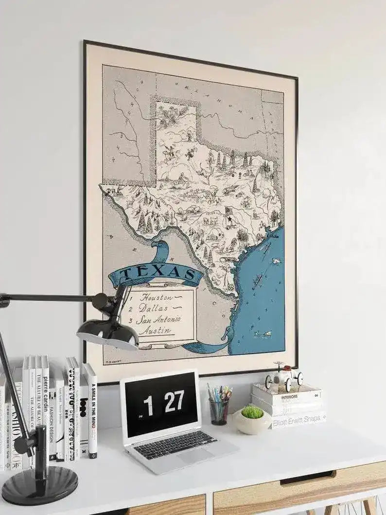 Vintage Texas Map Print| Texas Canvas Wall Art