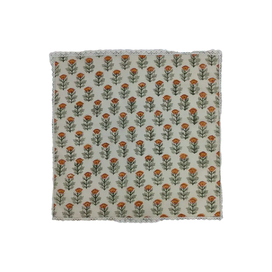 Beige Spring Floral Hand Block Printed Cotton Napkins