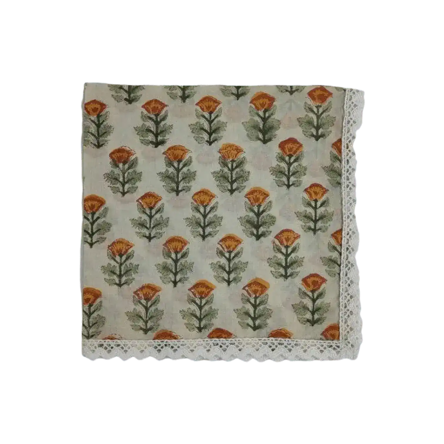 Beige Spring Floral Hand Block Printed Cotton Napkins