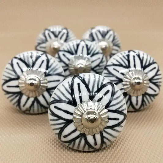 Black Flower Stripe Ceramic Knobs - Set of 6
