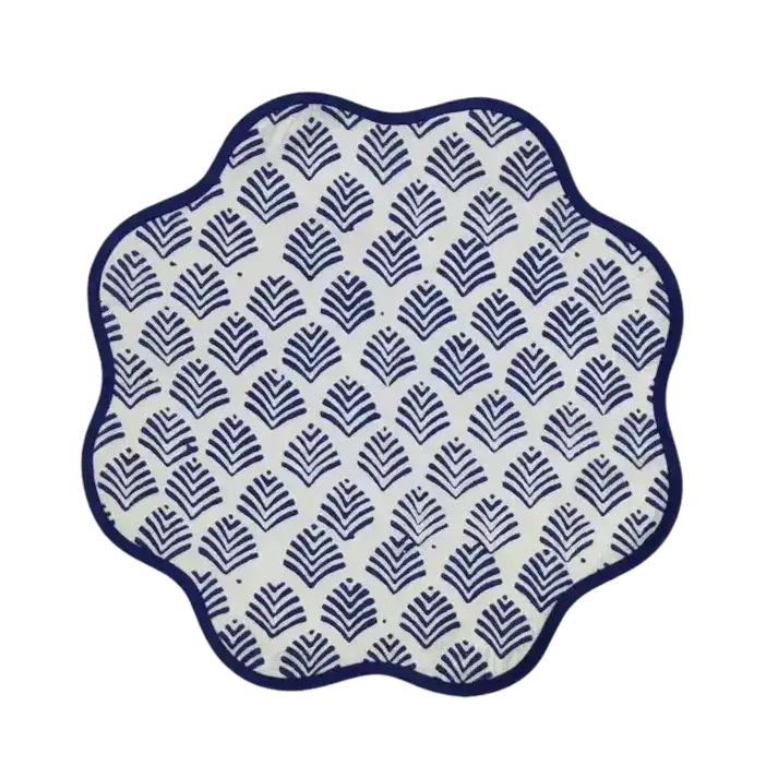 Block Printed Blue Leaf Scalloped Round Placemats