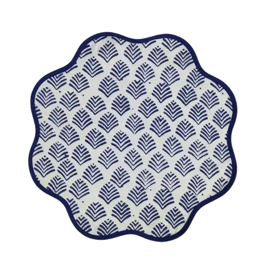 Block Printed Blue Leaf Scalloped Round Placemats