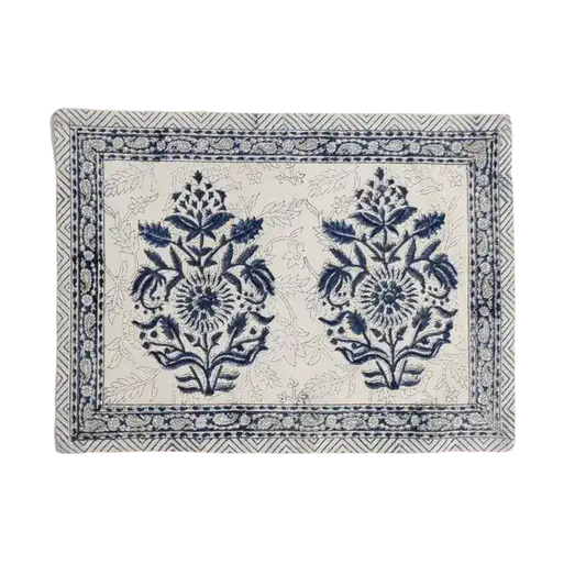 Block Printed Floral White and Blue Cotton Placemats