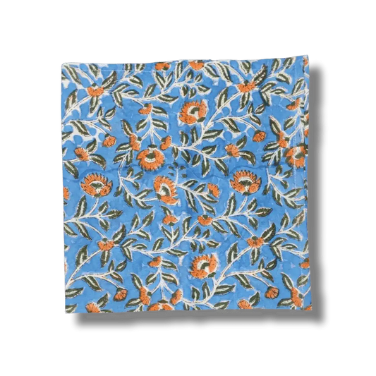 Blue and Orange Floral Block Printed Cotton Napkins