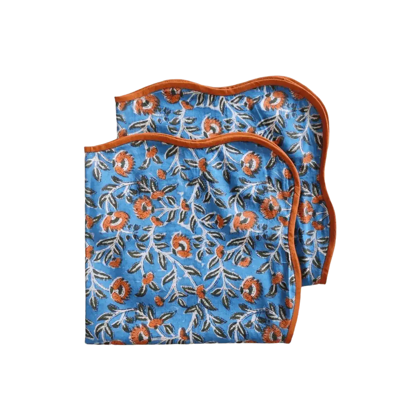 Blue and Orange Floral Block Printed Scalloped Cotton Napkins