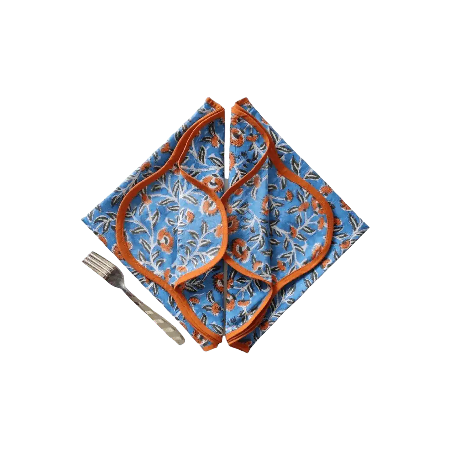 Blue and Orange Floral Block Printed Scalloped Cotton Napkins