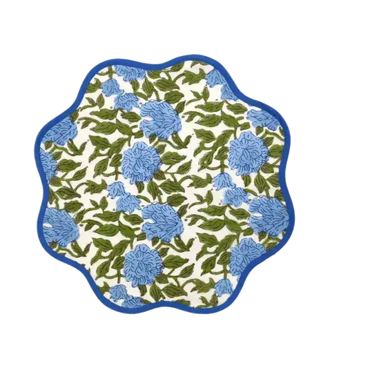 Blue Botanical Round scalloped Placemats - MAIA HOMES