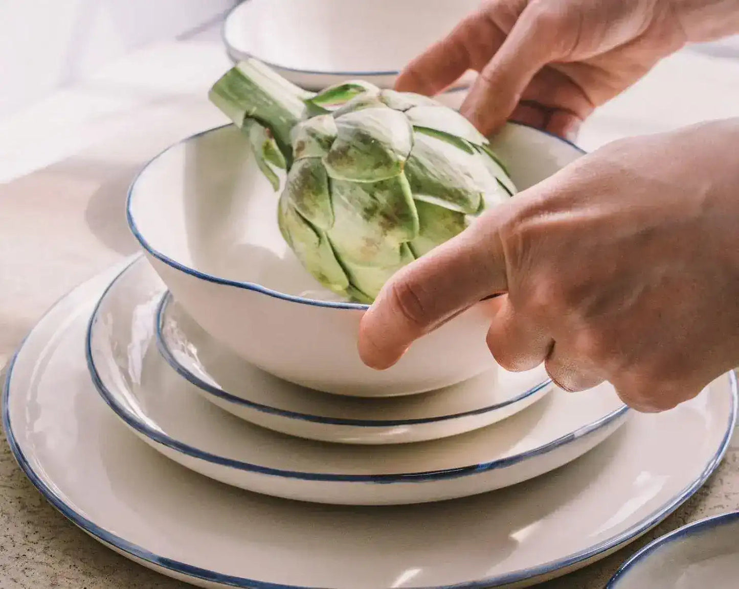 Blue Trim on White Porcelain Dinnerware