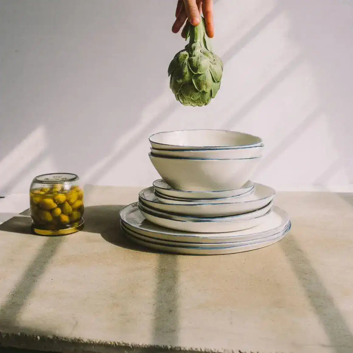 Blue Trim on White Porcelain Dinnerware