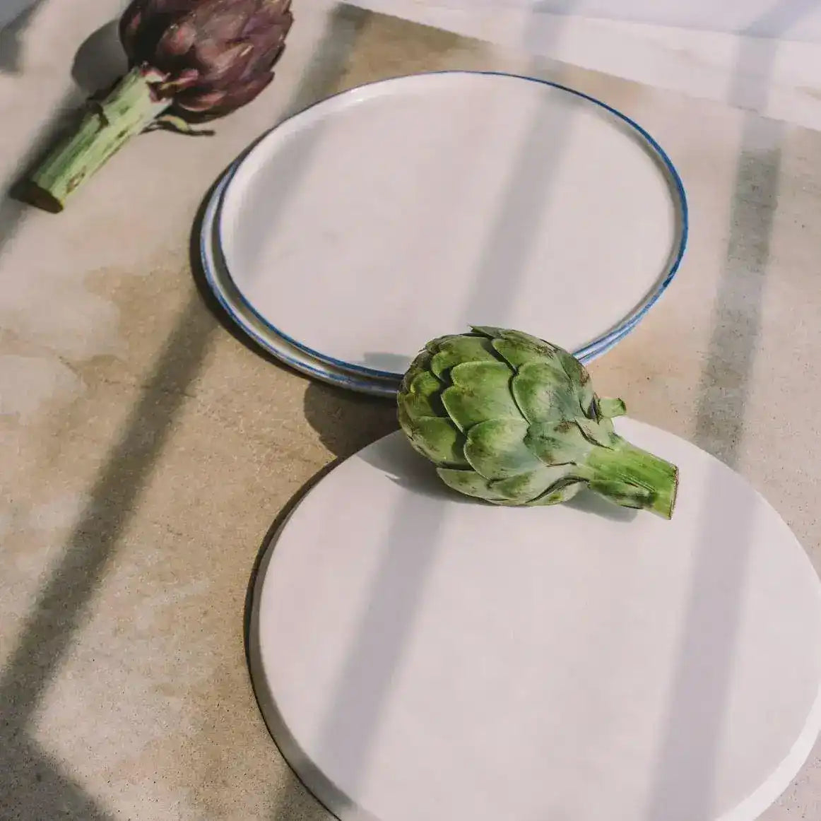 Blue Trim on White Porcelain Dinnerware