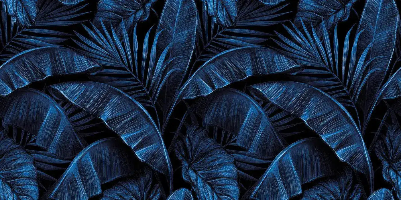 Electric Blue Tropical Palm and Banana Leaves Wallpaper