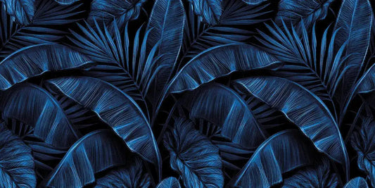 Electric Blue Tropical Palm and Banana Leaves Wallpaper