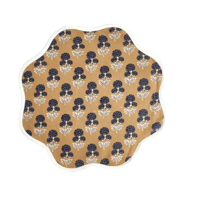 Brown Block Printed Floral Scallop Cotton Placemats - MAIA HOMES