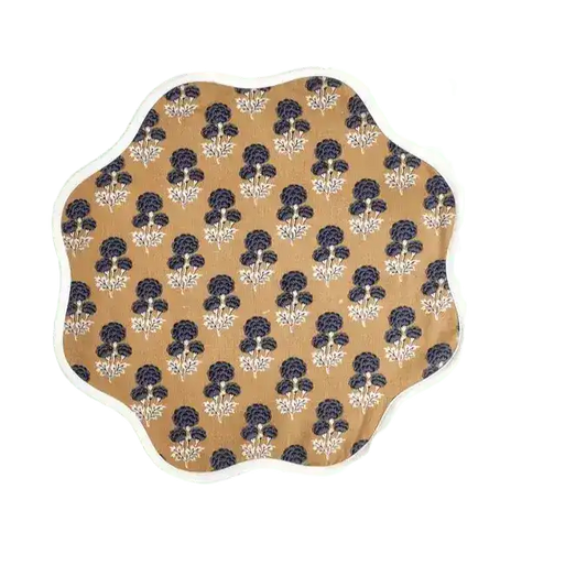 Brown Block Printed Floral Scallop Cotton Placemats - MAIA HOMES