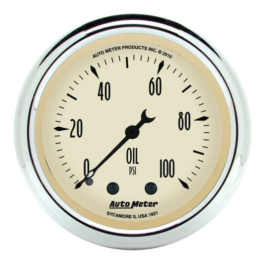 Autometer Antique Beige 52.4mm 0-100 PSI Mechanical Oil Pressure Gauge Universal | 1821