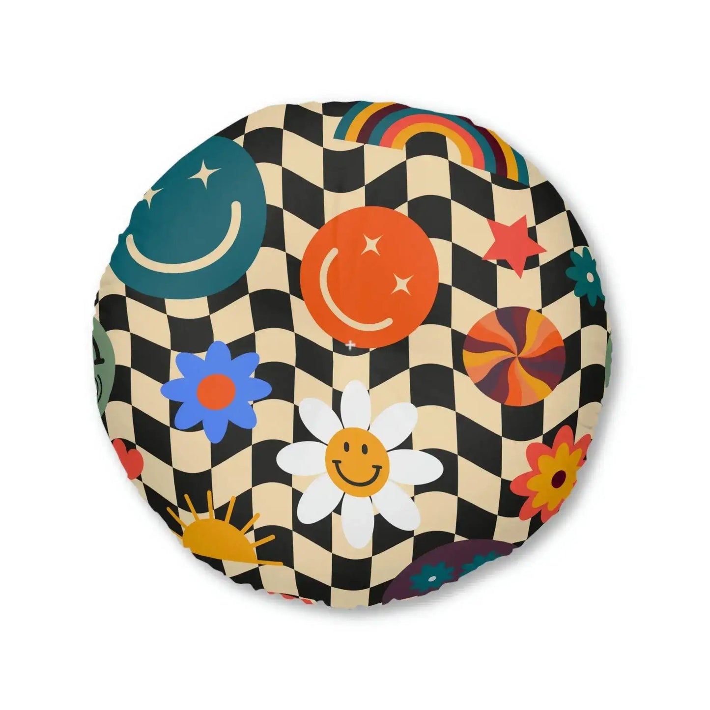 Checkered Smiley Emoji Tufted Round Floor Pillow - MAIA HOMES