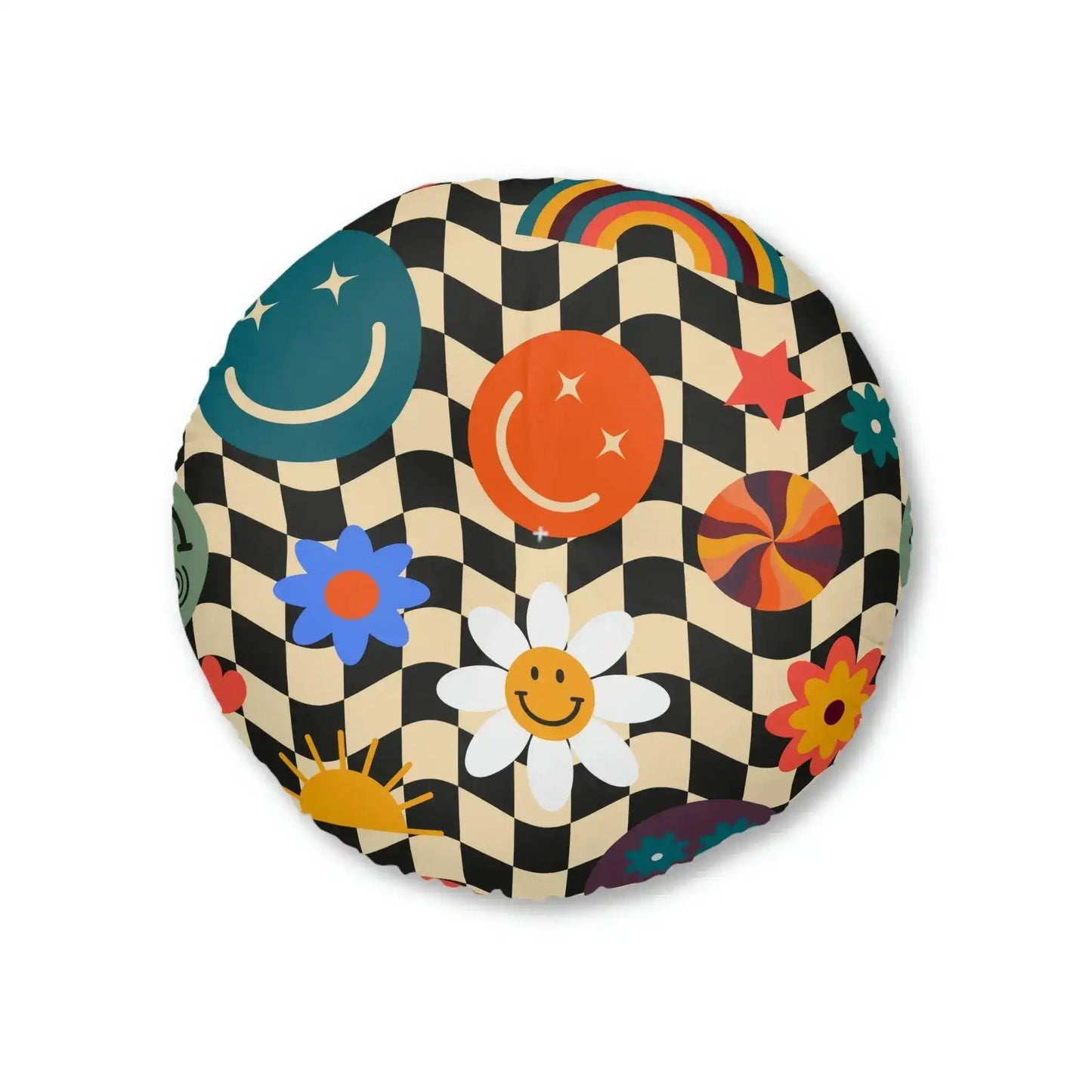 Checkered Smiley Emoji Tufted Round Floor Pillow - MAIA HOMES