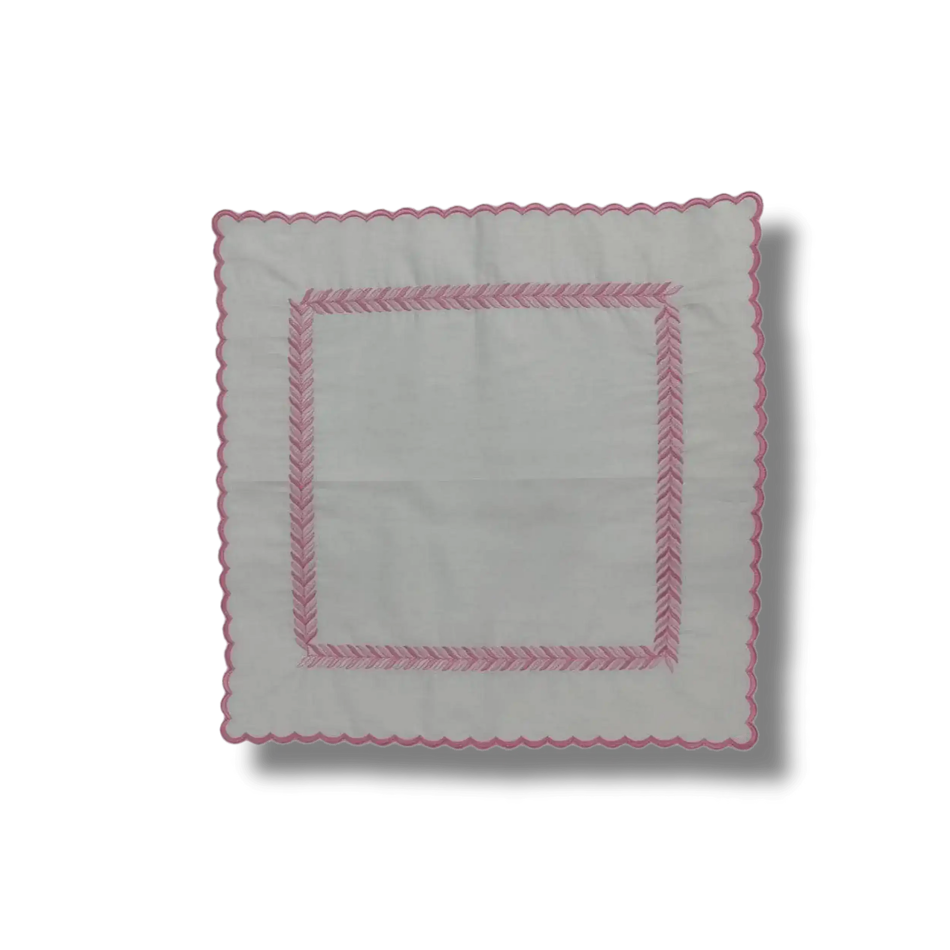 Embroidered Pink Fern White Cotton Scalloped Napkins - MAIA HOMES