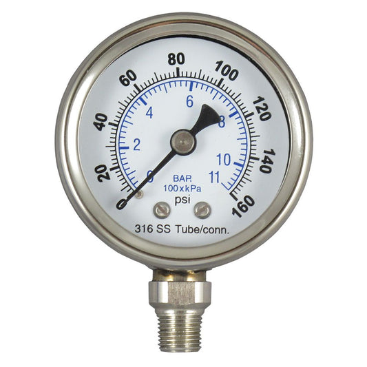 Water Pressure Gauge 160 PSI, 1/4" MPT, 2.5" Glass Dial, Lower Mount, SS Case