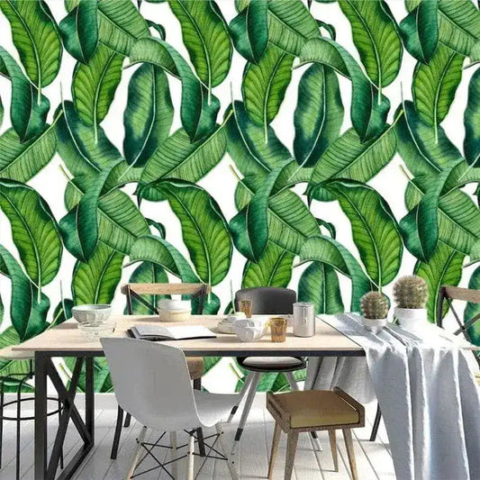 Green and White Banana Leaves Tropical Wallpaper