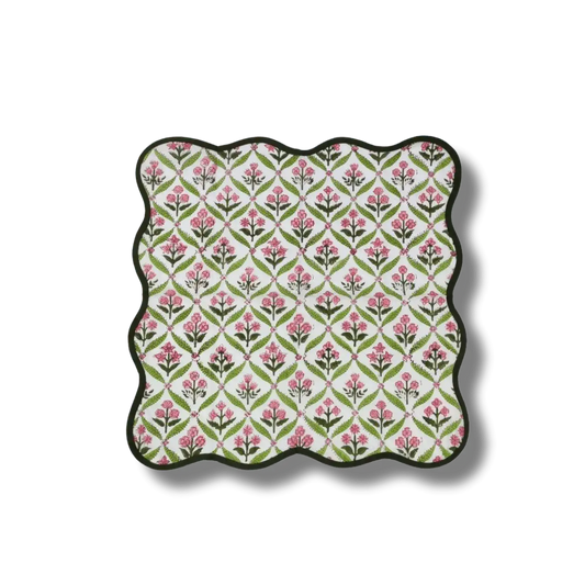 Hand-Block Print Dark Green Piping Scallop Cotton Napkins