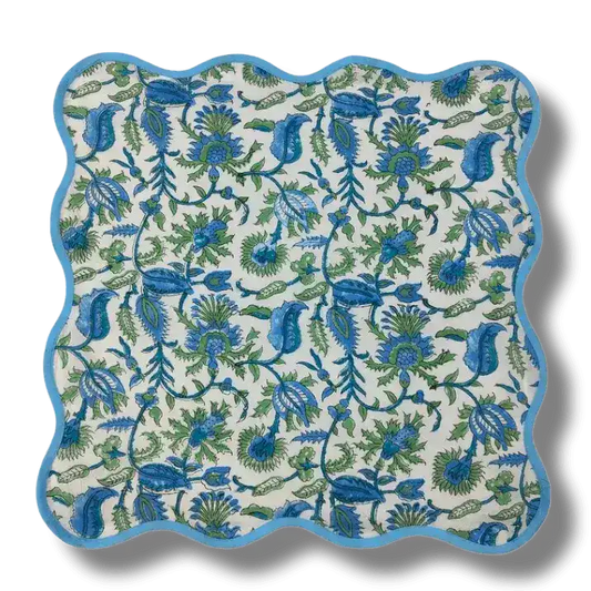 Hand Blocked Floral Motif Scalloped Cotton Placemats - MAIA HOMES