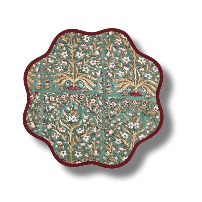 Hand Blocked Scallop Green Floral Round Placemats