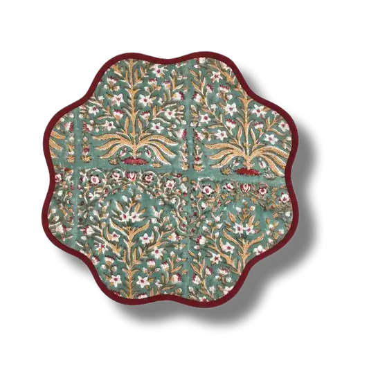 Hand Blocked Scallop Green Floral Round Placemats
