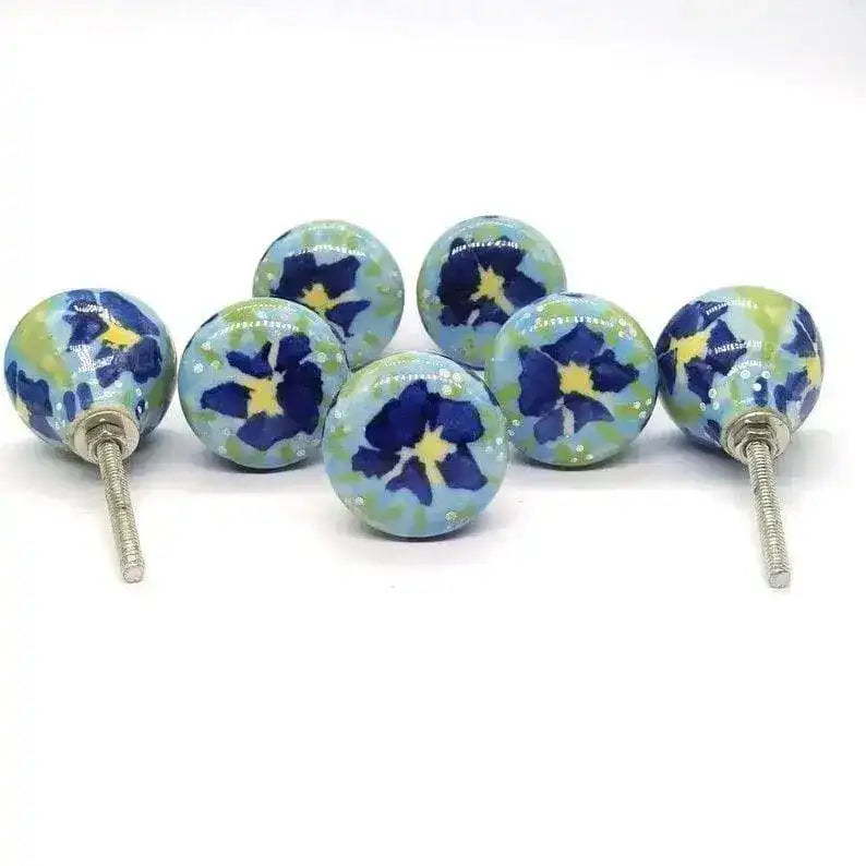 Hand Painted Ceramic Sea Foam Base and Distort Flower Cabinet Knobs - Set of 6
