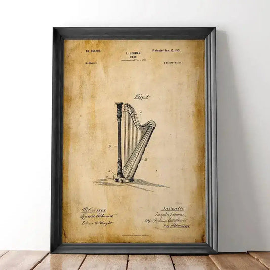 Harp Music Instrument Vintage Patent Print