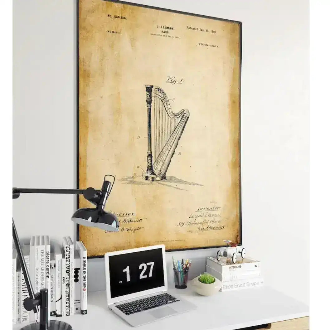 Harp Music Instrument Vintage Patent Print