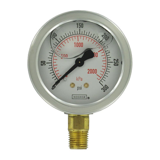 NOSHOK Bottom Mount 2.5" Water Pressure Gauge 0-300 PSI, SS, 1/4" NPT
