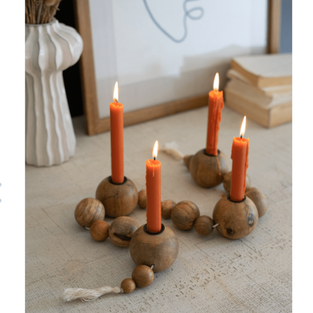 Strung Wooden Spheres Taper Holder