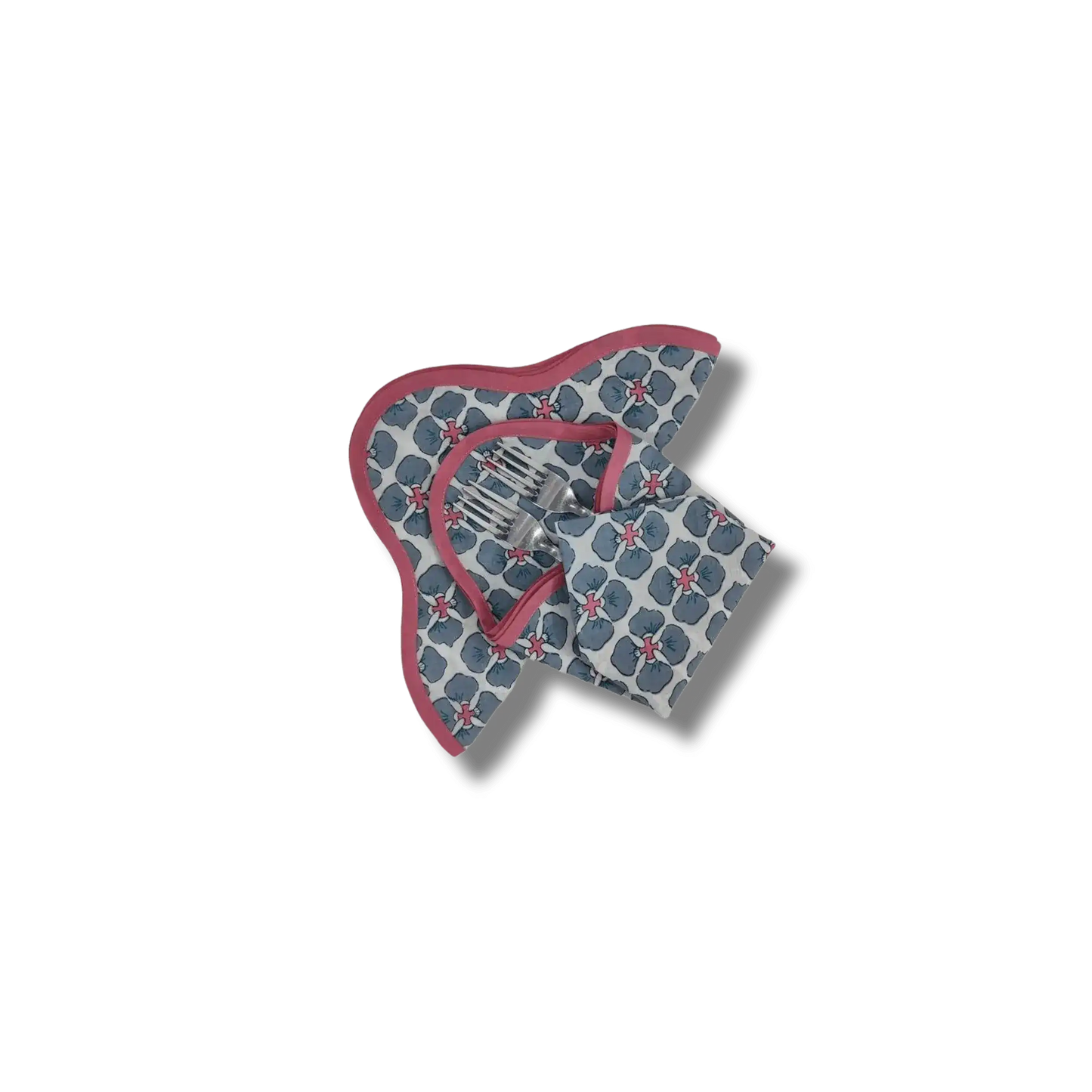 Maia Hand Block Floral Piping Scallop Cotton Napkins