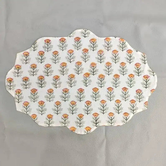 Orange Block Printed Floral Scalloped Oval Cotton Placemats