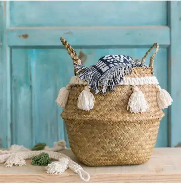 Organic Seagrass Hand Woven Basket with Tassel - MAIA HOMES