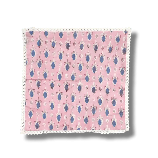 Pink and Blue Block Print Cotton Napkins with White Border Lace