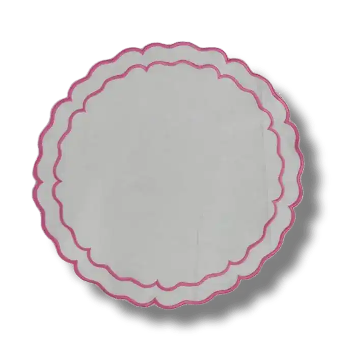 Pink Double Scalloped Round White Placemats