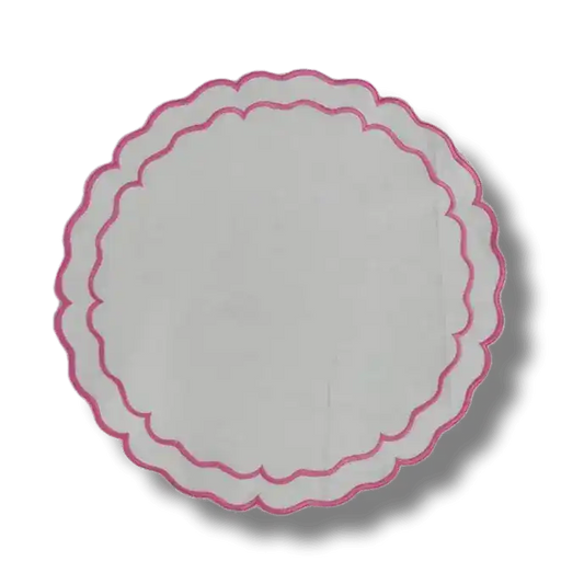 Pink Double Scalloped Round White Placemats