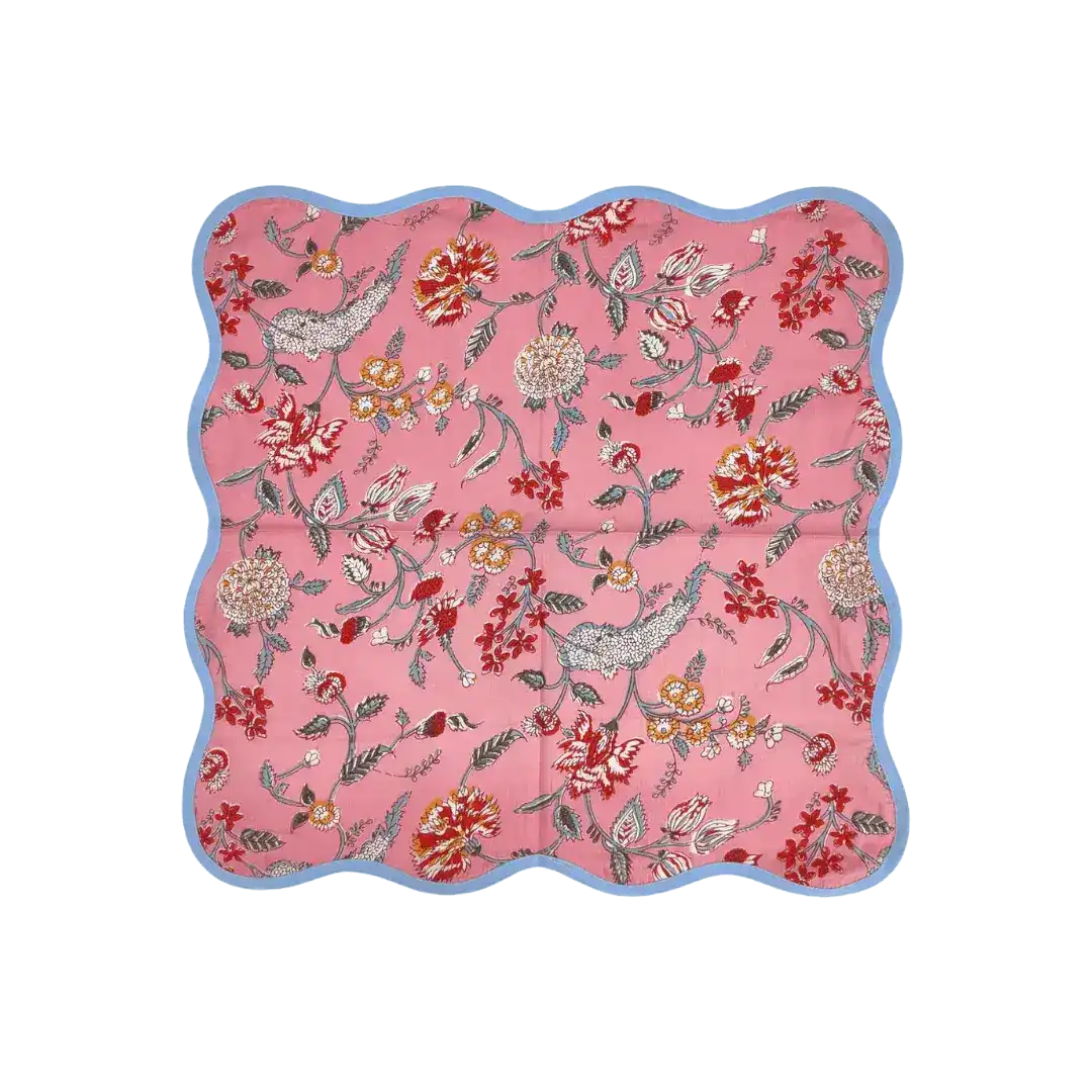 Pink Floral Block Printed Scalloped Cotton Napkins