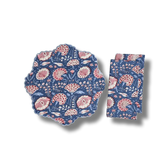 Pond of Flowers Block Printed Cotton Placemats and Napkins