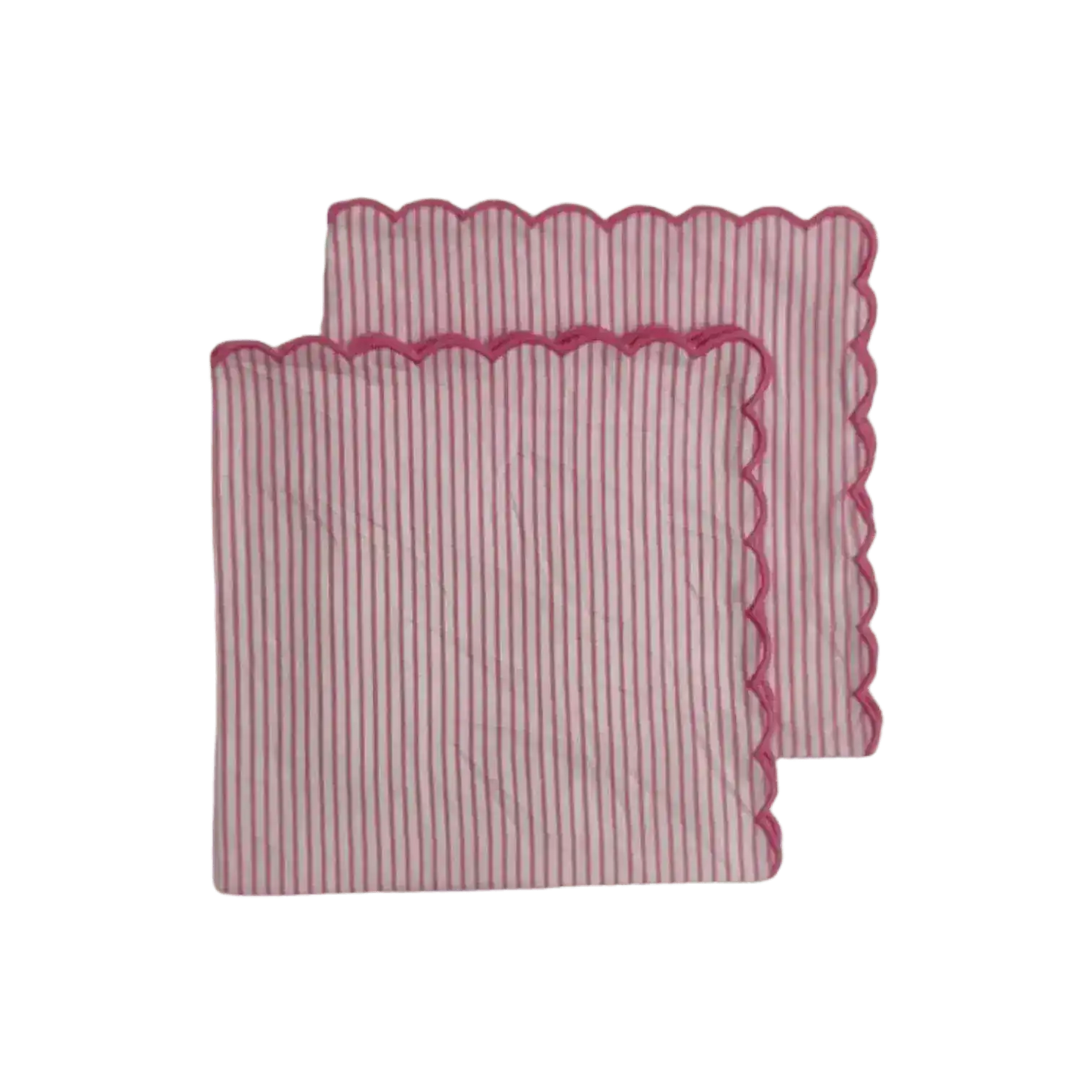 Punch Pink Stripes on White Scalloped Cotton Napkins