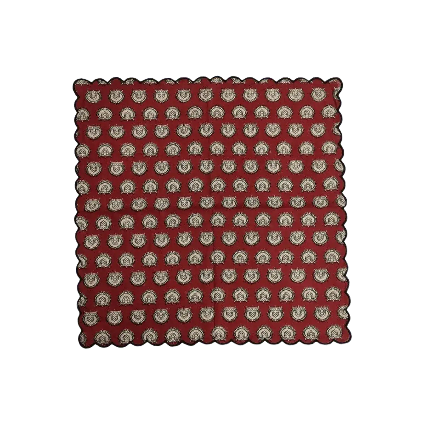 Red Block Printed Scalloped Cotton Napkins with Embroidered Trims