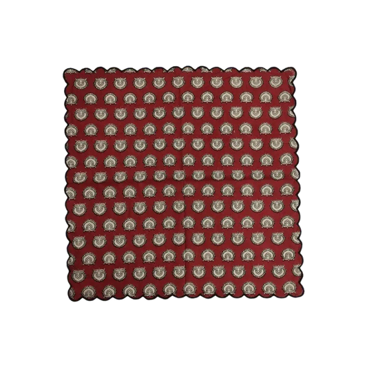 Red Block Printed Scalloped Cotton Napkins with Embroidered Trims