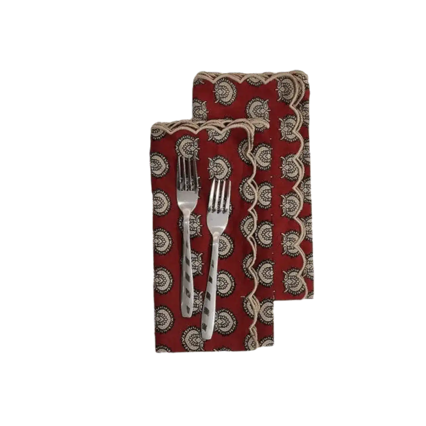 Red Block Printed Scalloped Cotton Napkins with Embroidered Trims