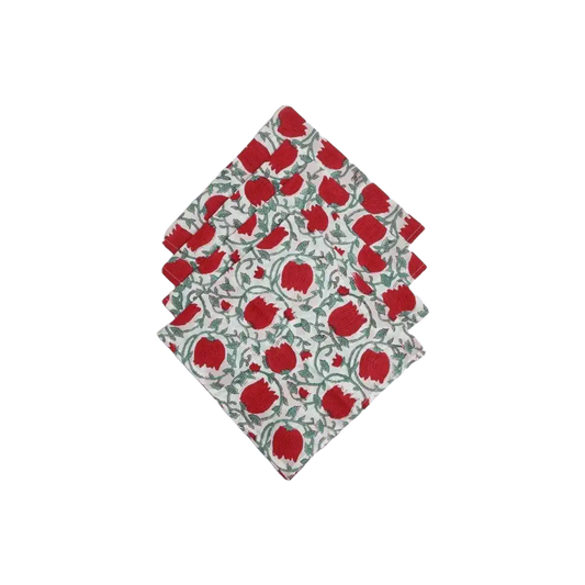 Red Floral Indian Block Print Cotton Napkins