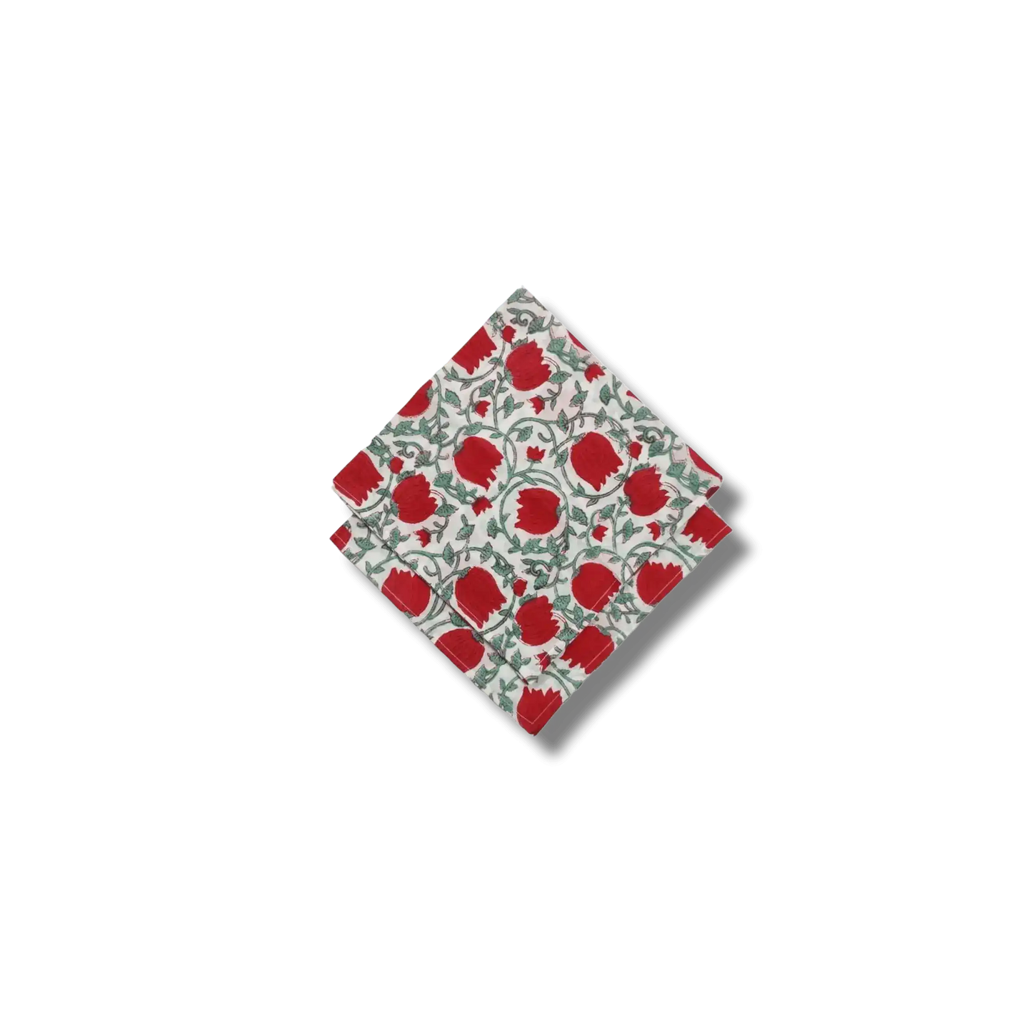 Red Floral Indian Block Print Scalloped Cotton Napkins