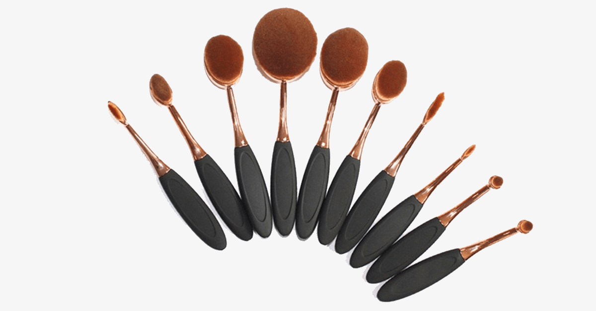 Professional Multipurpose Black & Gold Oval Makeup Brushes - Set of 10